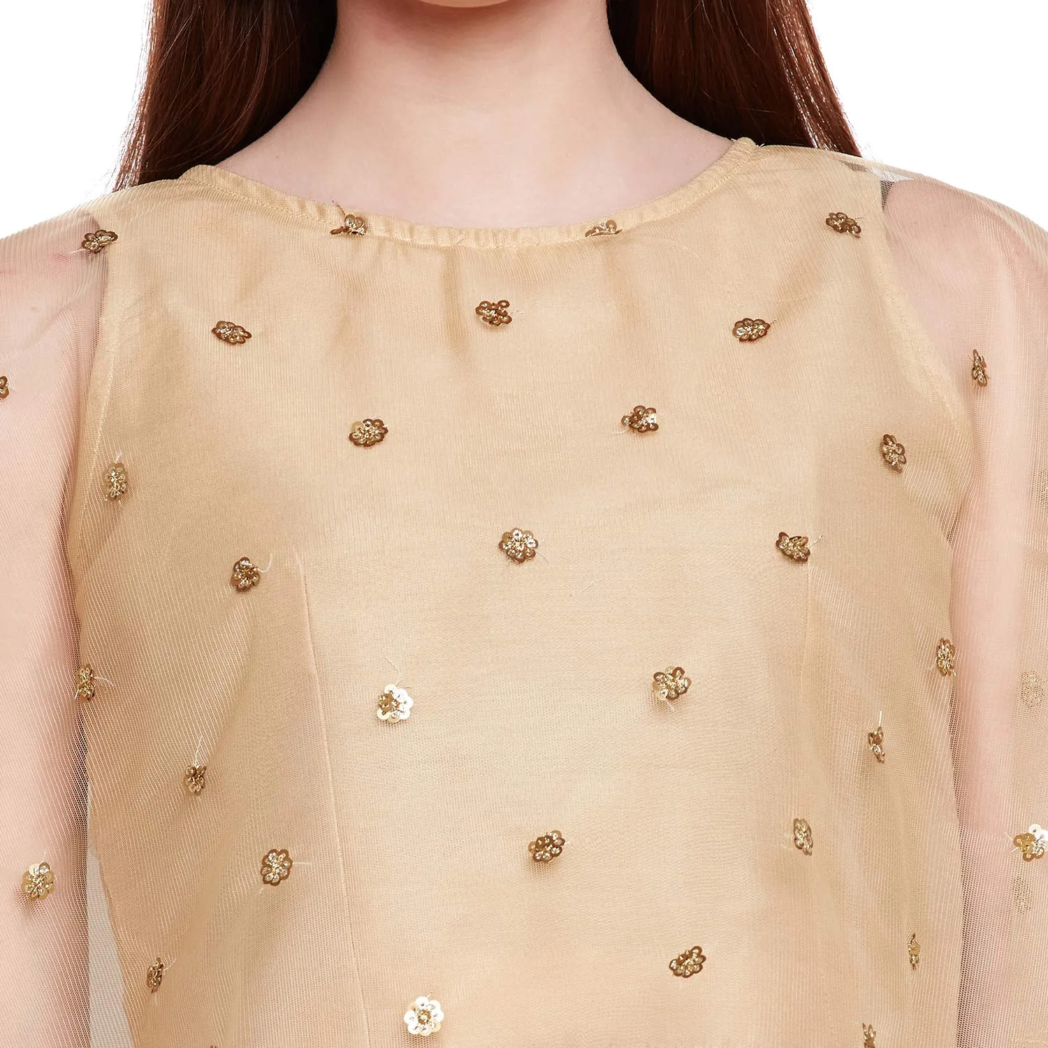 studio rasa Women's Girl Net Sequins Embroidered Cape Top for Wedding Party Festive (TPWC119112XXL_Beige_XX-Large)