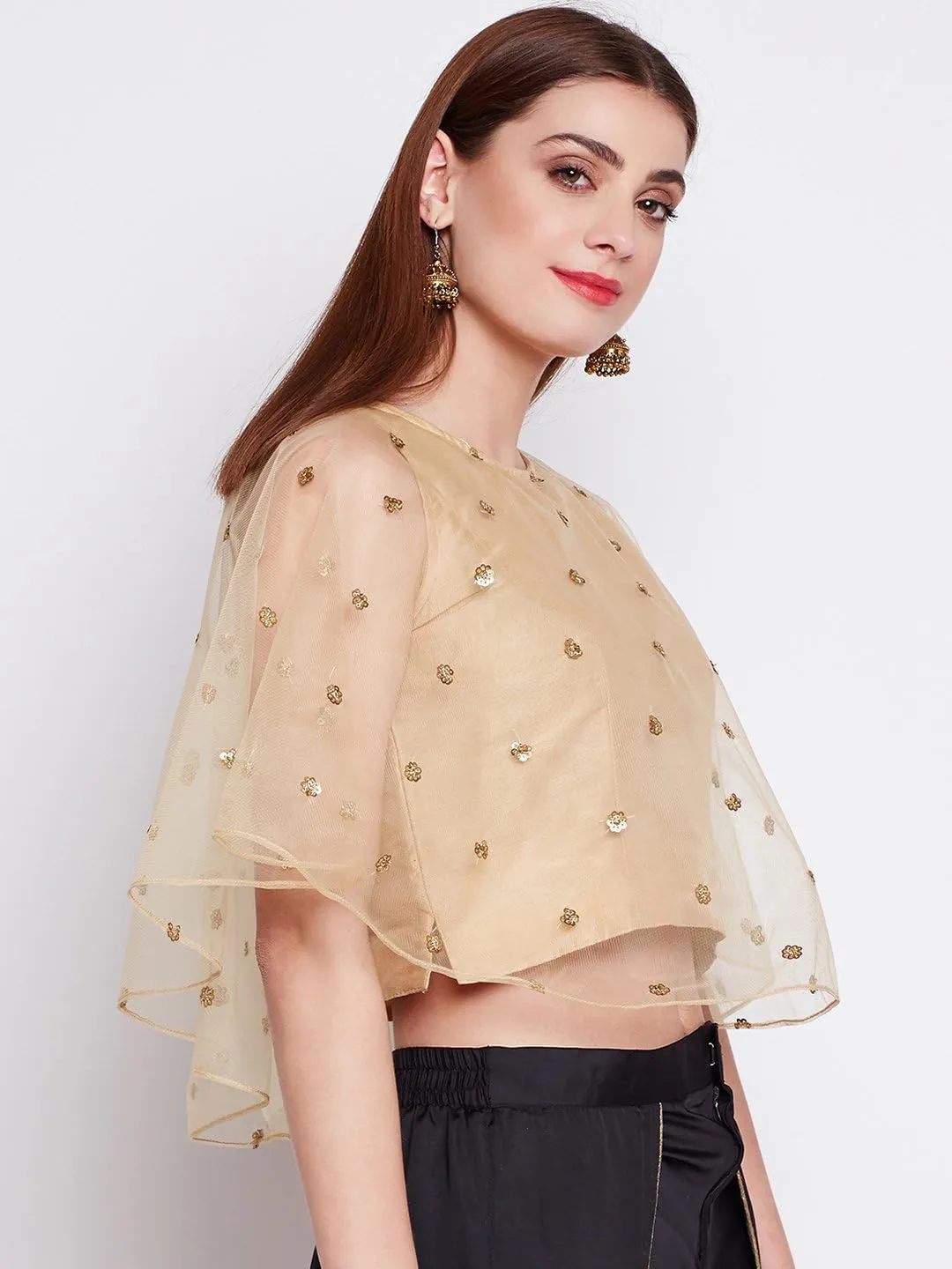 studio rasa Women's Girl Net Sequins Embroidered Cape Top for Wedding Party Festive (TPWC119112XXL_Beige_XX-Large)