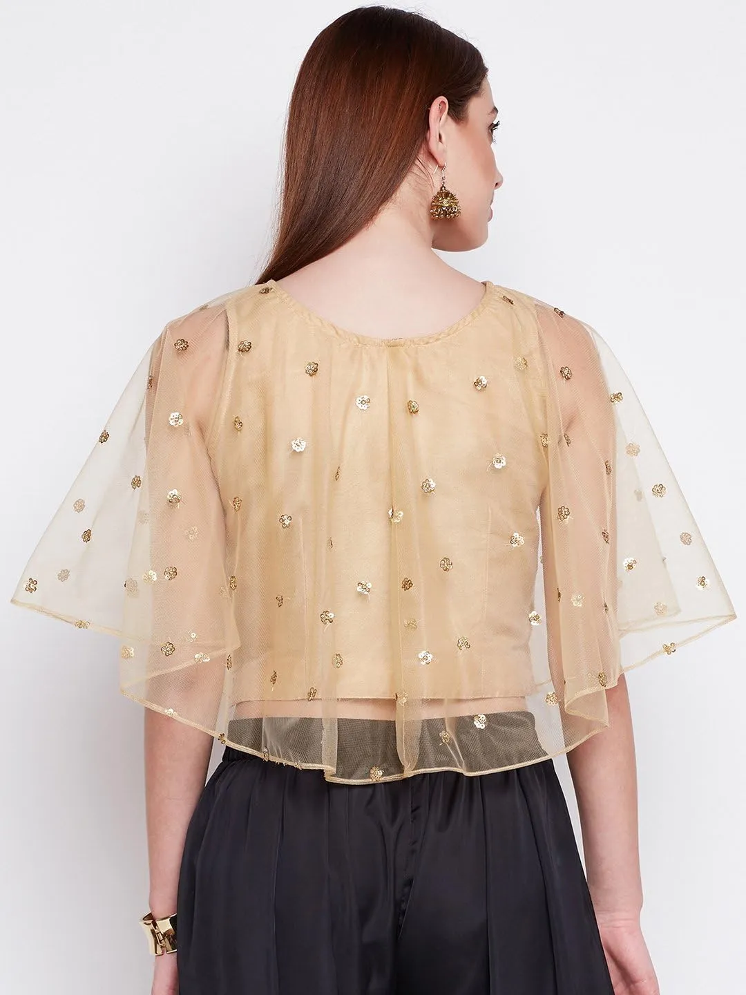 studio rasa Women's Girl Net Sequins Embroidered Cape Top for Wedding Party Festive (TPWC119112XXL_Beige_XX-Large)