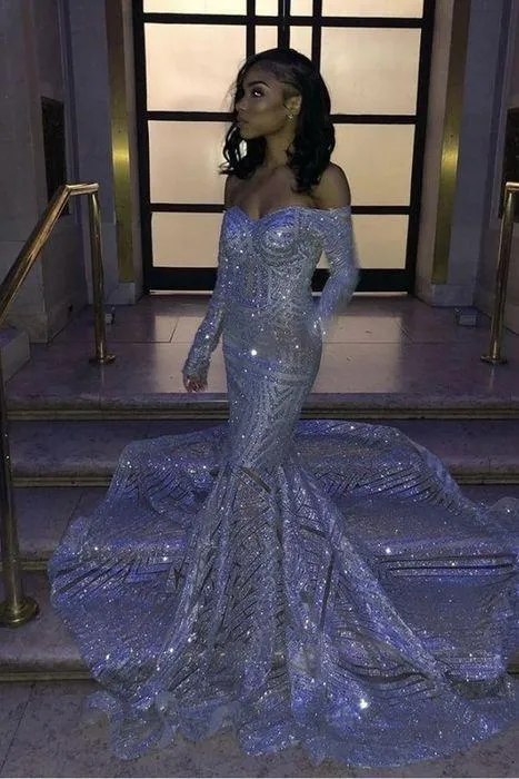 Sweetheart Strapless Sequins Long Train Mermaid Prom Dresses with Sleeves