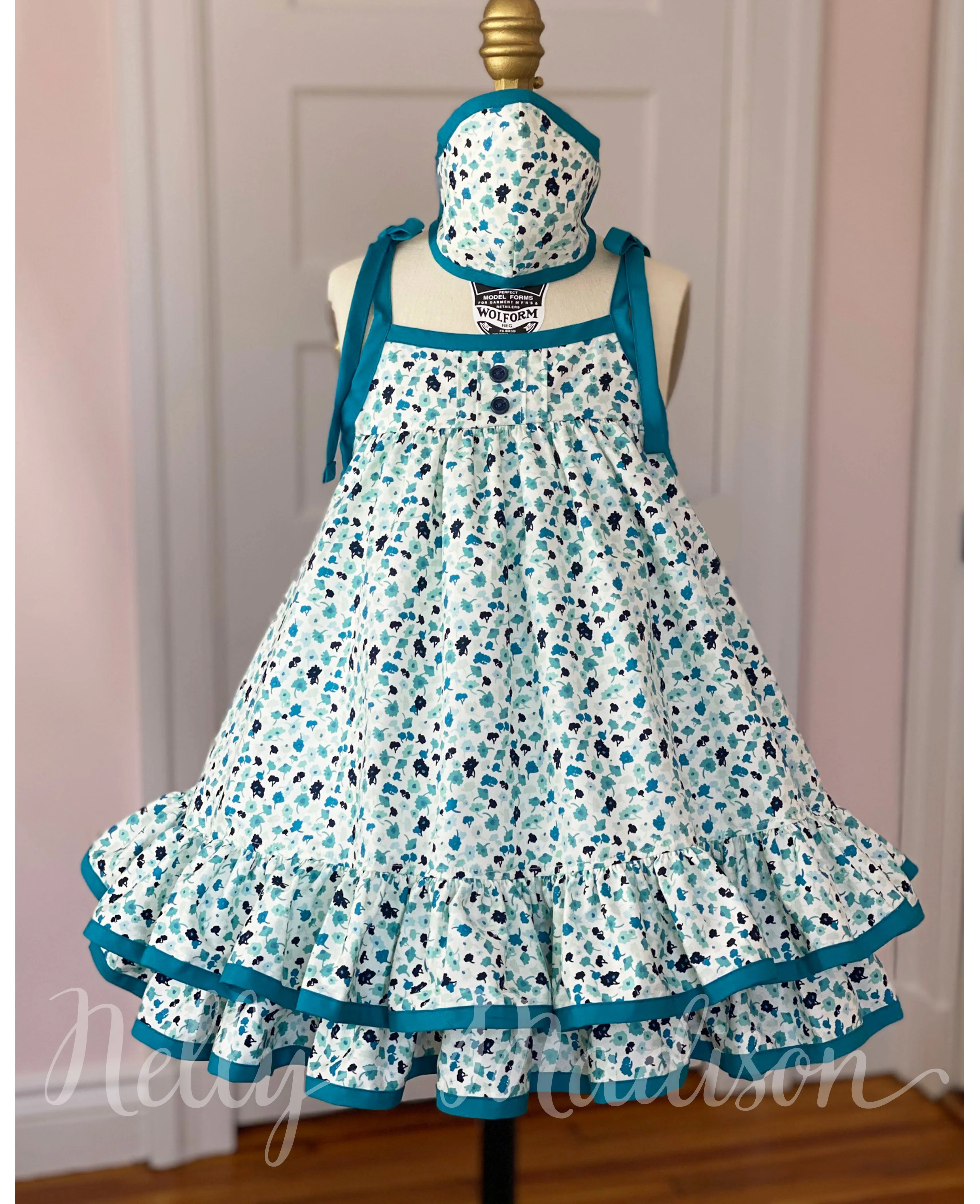 Teal Tea Leaves Hannah Dress   Mask Set
