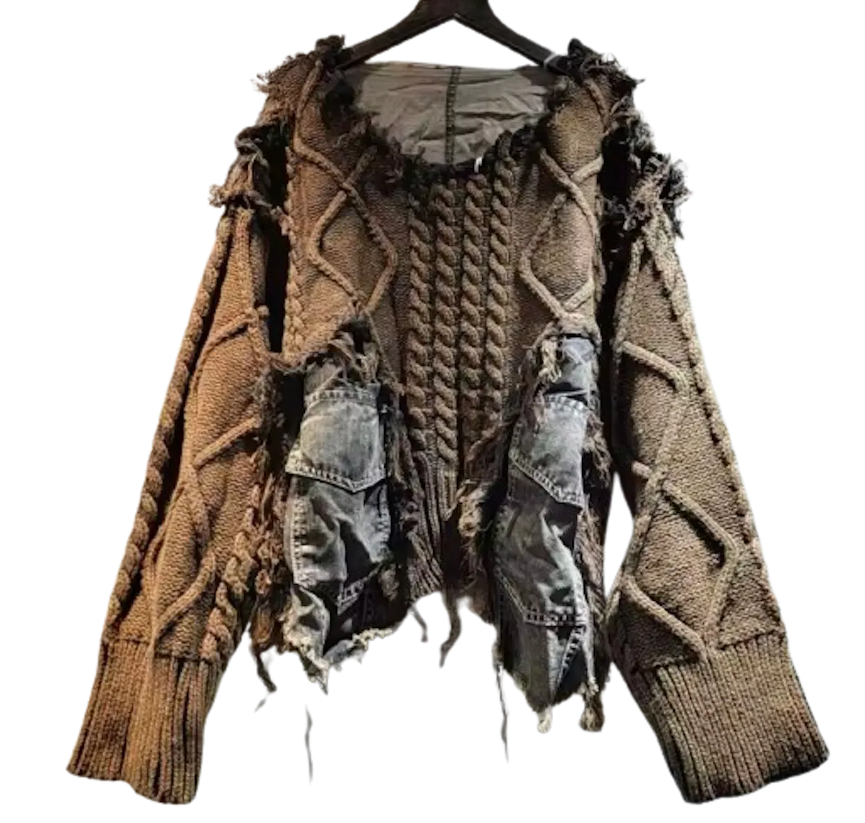 Textured Sweater with Denim Trim-Shacket: Khaki & Denim