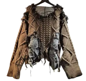 Textured Sweater with Denim Trim-Shacket: Khaki & Denim