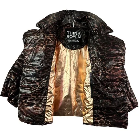 Think Royln Urban Animal Print Marilyn Puffer Down Pea Coat Womens Sz M Gorpcore