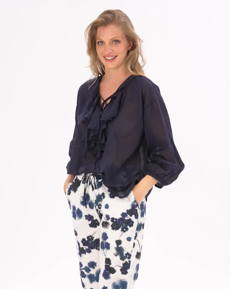 Tie Ruffled Collar Cotton Shirt