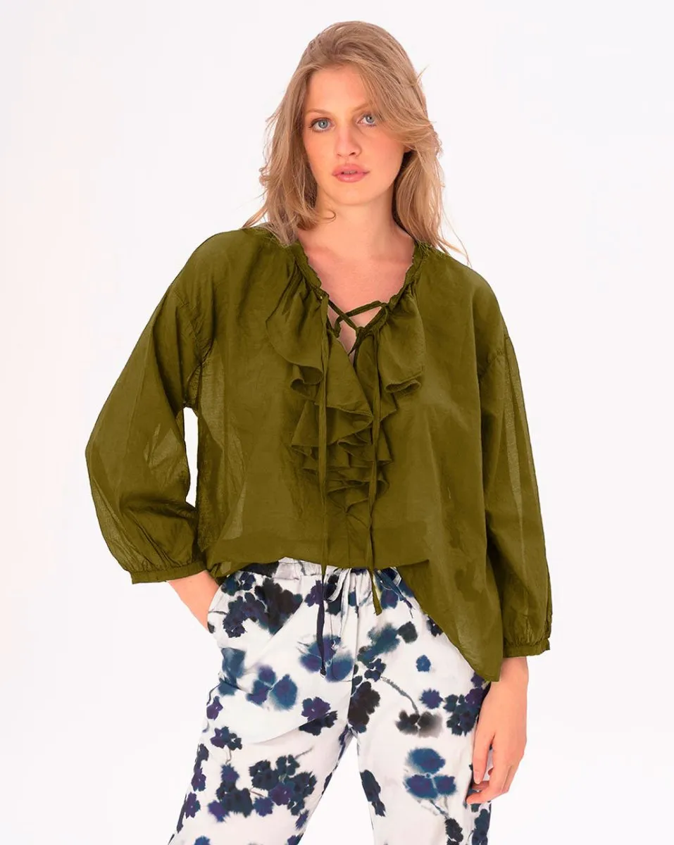 Tie Ruffled Collar Cotton Shirt