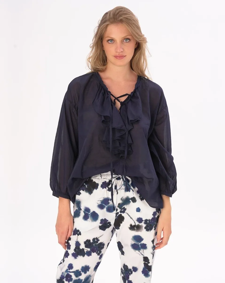 Tie Ruffled Collar Cotton Shirt