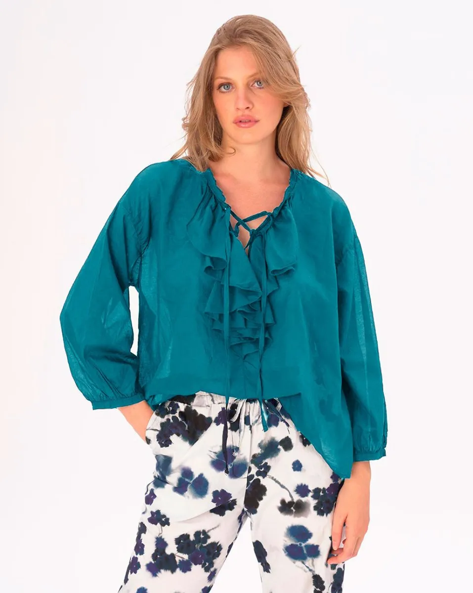 Tie Ruffled Collar Cotton Shirt