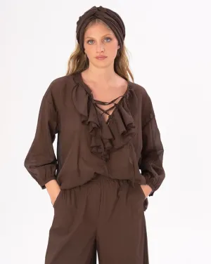 Tie Ruffled Collar Cotton Shirt