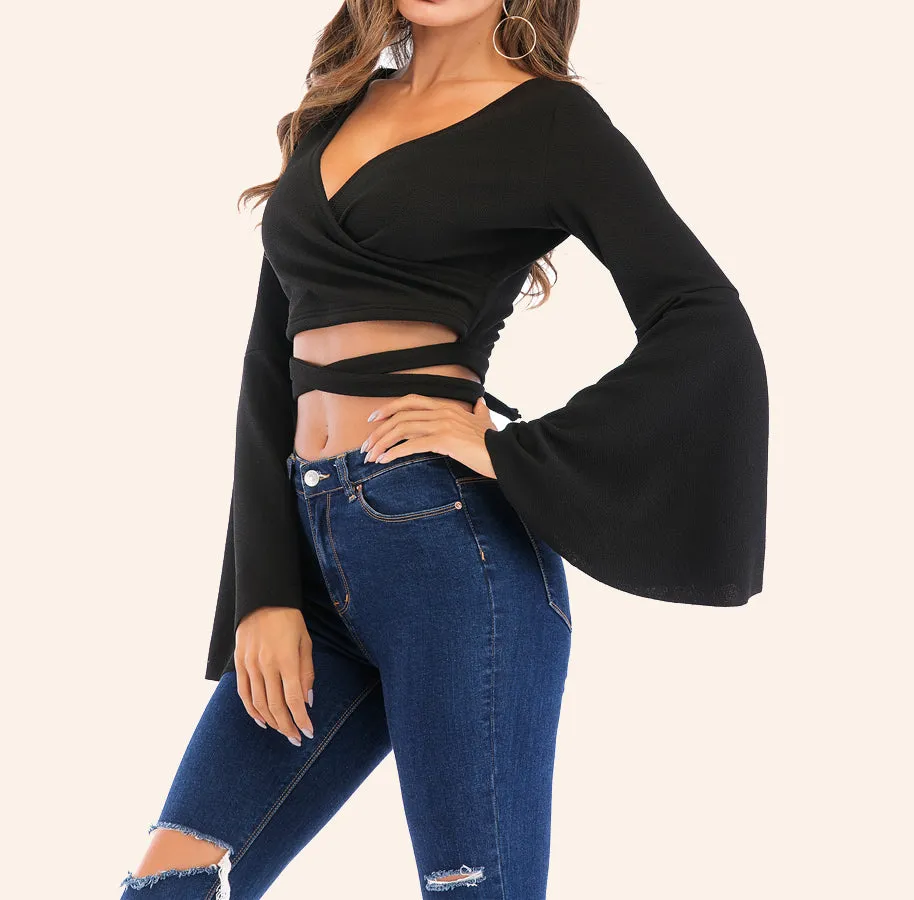 Trumpet Sleeve Sexy Lace Up Long Sleeve T-Shirt
