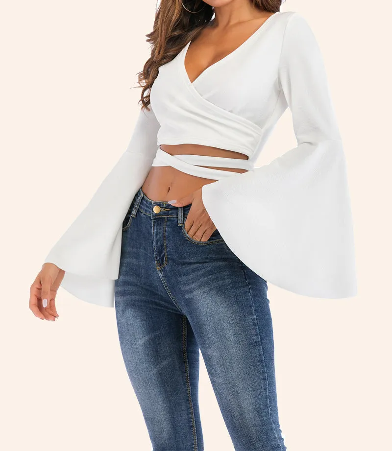 Trumpet Sleeve Sexy Lace Up Long Sleeve T-Shirt