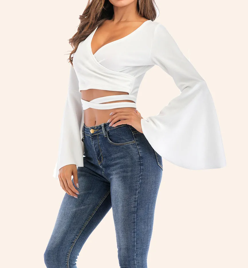 Trumpet Sleeve Sexy Lace Up Long Sleeve T-Shirt