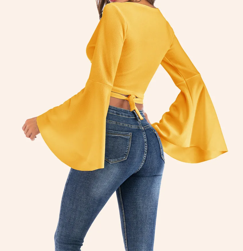 Trumpet Sleeve Sexy Lace Up Long Sleeve T-Shirt