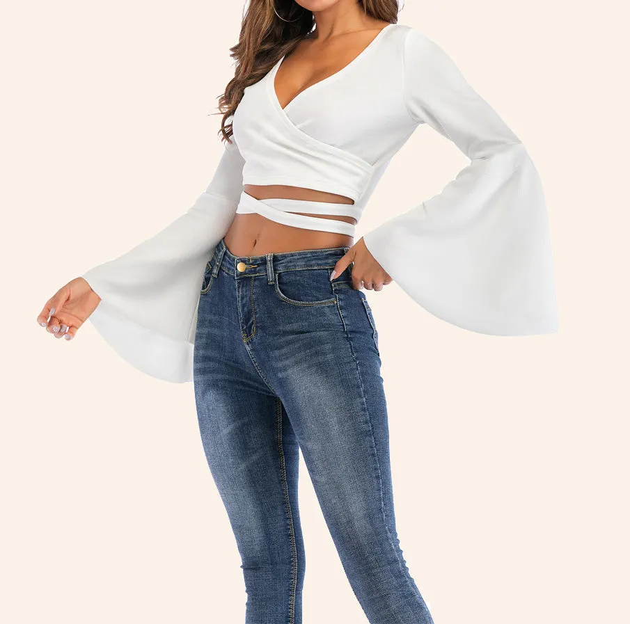 Trumpet Sleeve Sexy Lace Up Long Sleeve T-Shirt