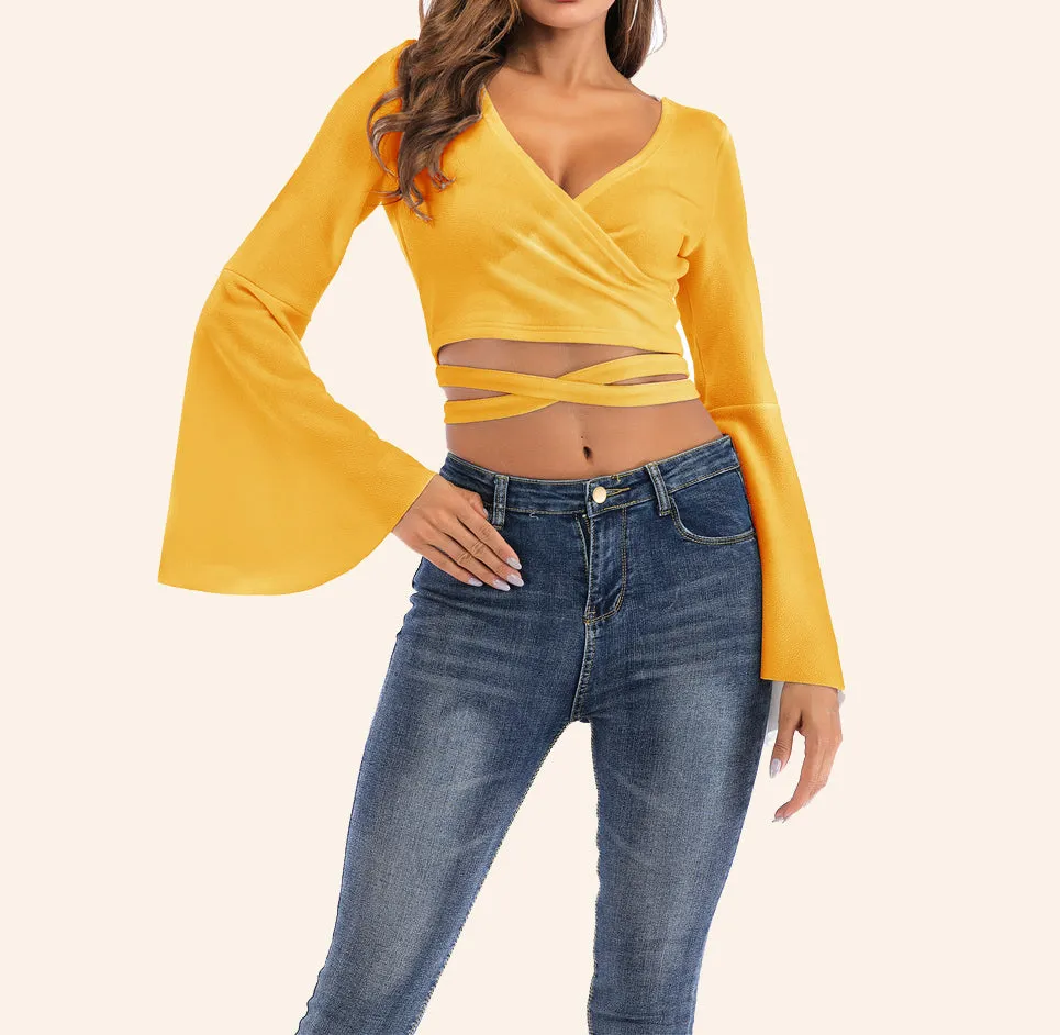 Trumpet Sleeve Sexy Lace Up Long Sleeve T-Shirt
