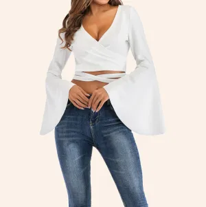 Trumpet Sleeve Sexy Lace Up Long Sleeve T-Shirt