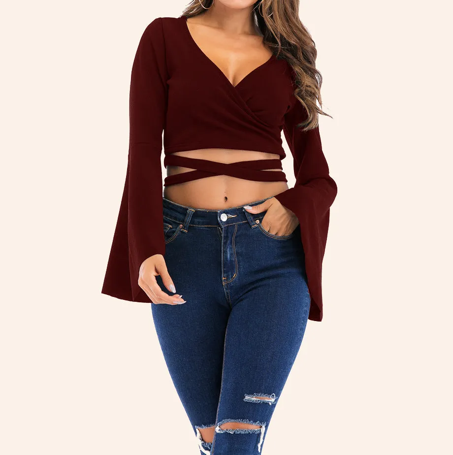 Trumpet Sleeve Sexy Lace Up Long Sleeve T-Shirt