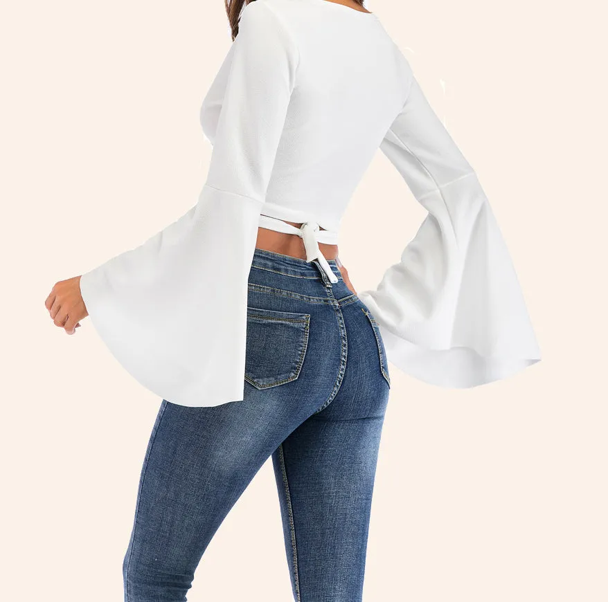 Trumpet Sleeve Sexy Lace Up Long Sleeve T-Shirt