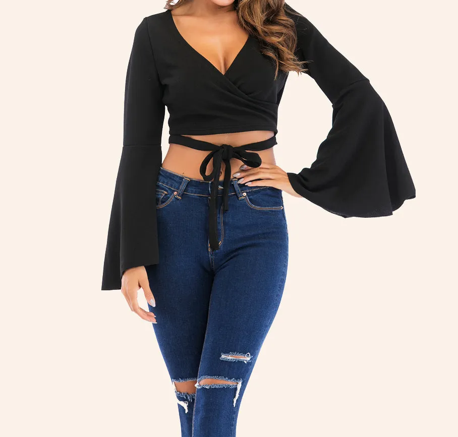 Trumpet Sleeve Sexy Lace Up Long Sleeve T-Shirt