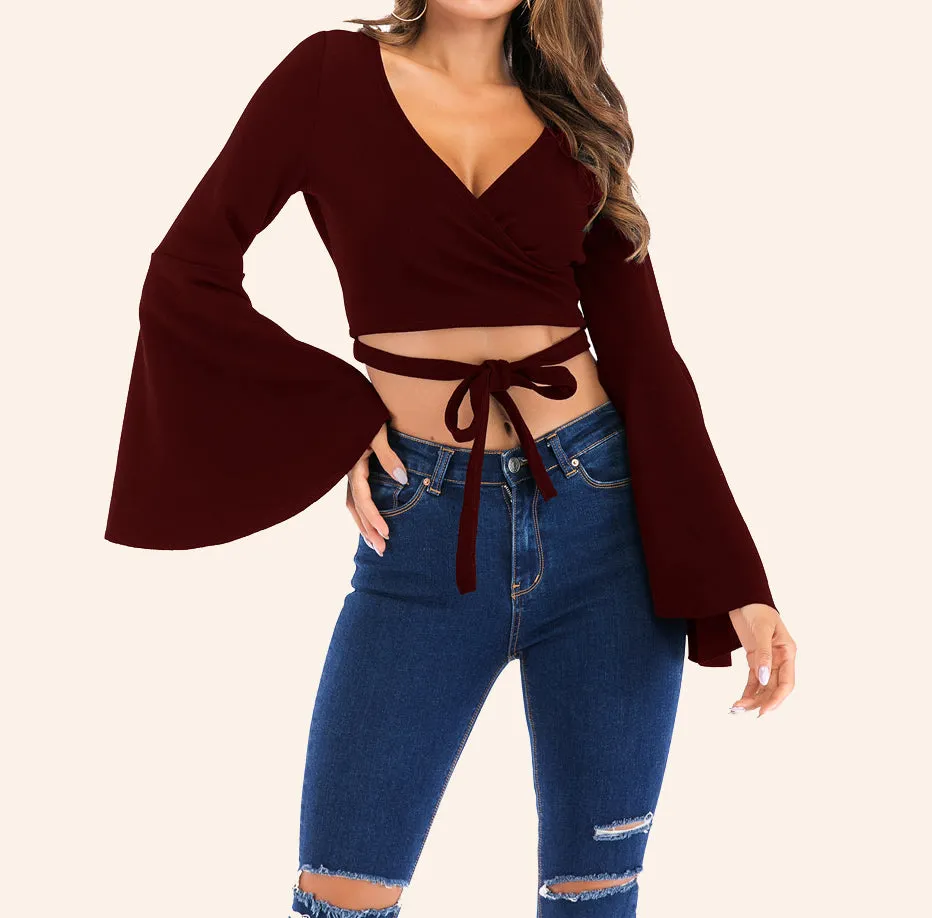 Trumpet Sleeve Sexy Lace Up Long Sleeve T-Shirt
