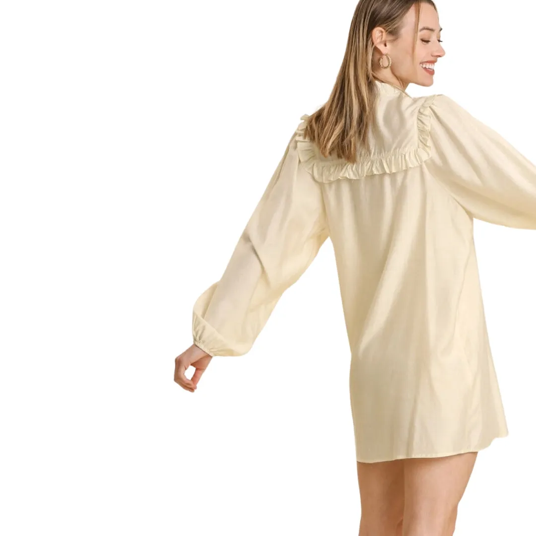 UMGEE Beige Long Sleeve Smocked Tie Front Dress K5382