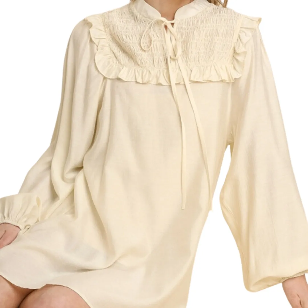 UMGEE Beige Long Sleeve Smocked Tie Front Dress K5382