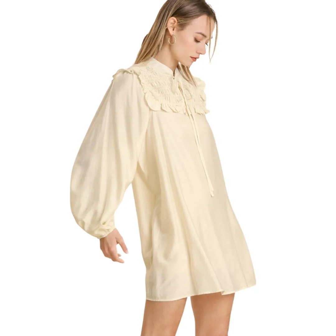 UMGEE Beige Long Sleeve Smocked Tie Front Dress K5382