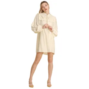 UMGEE Beige Long Sleeve Smocked Tie Front Dress K5382