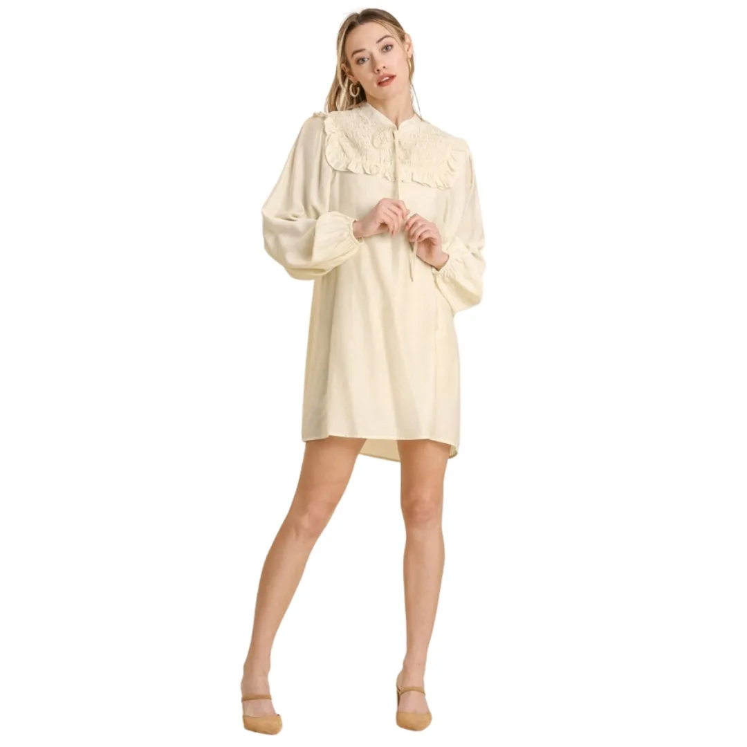 UMGEE Beige Long Sleeve Smocked Tie Front Dress K5382