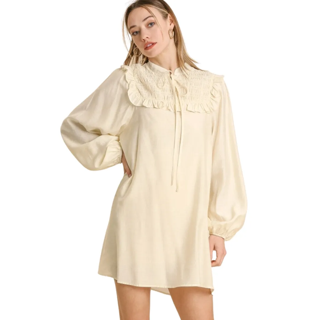 UMGEE Beige Long Sleeve Smocked Tie Front Dress K5382