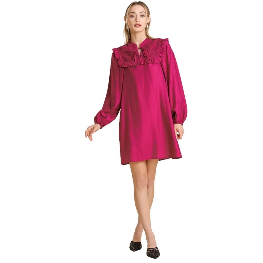 UMGEE Beige Long Sleeve Smocked Tie Front Dress K5382