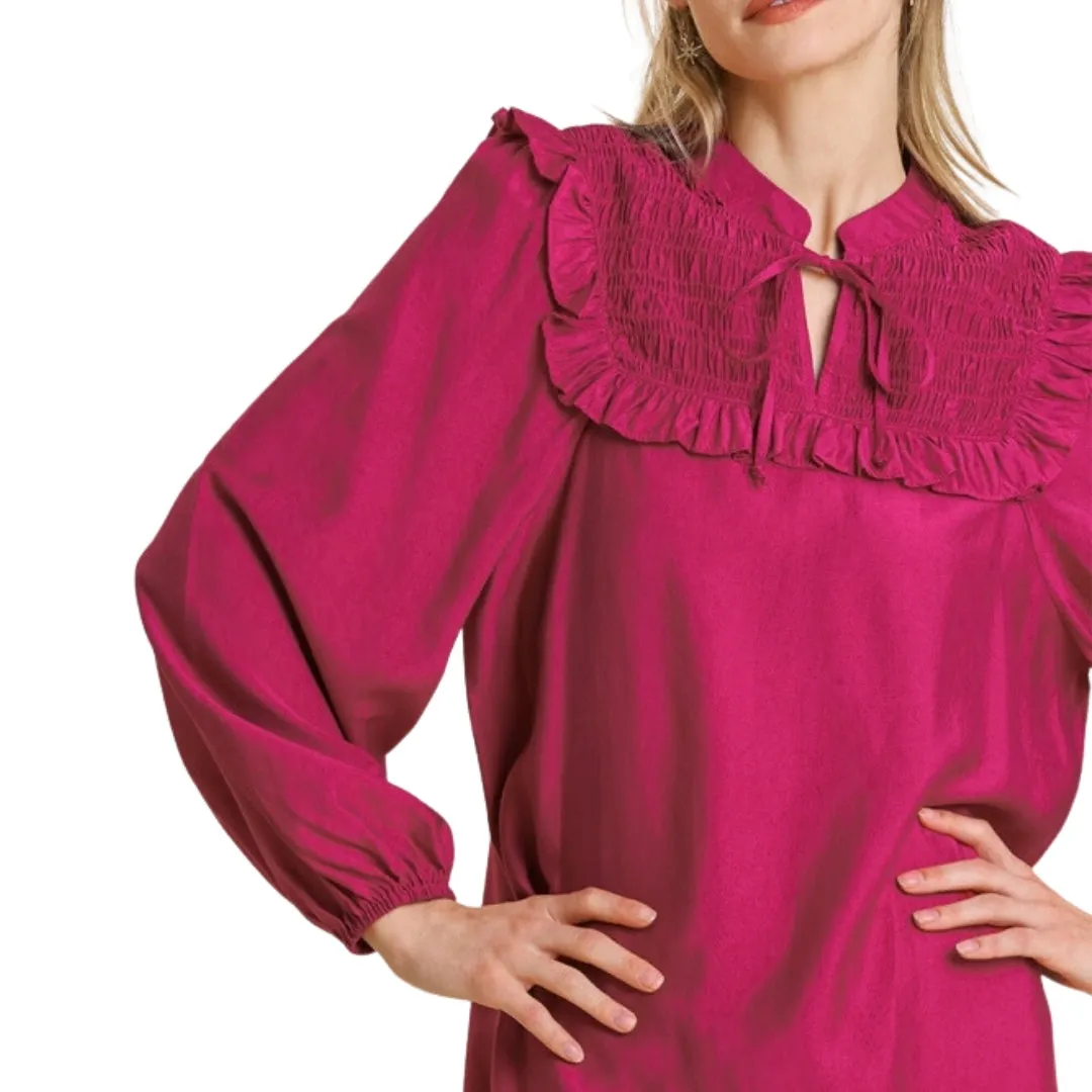 UMGEE Beige Long Sleeve Smocked Tie Front Dress K5382