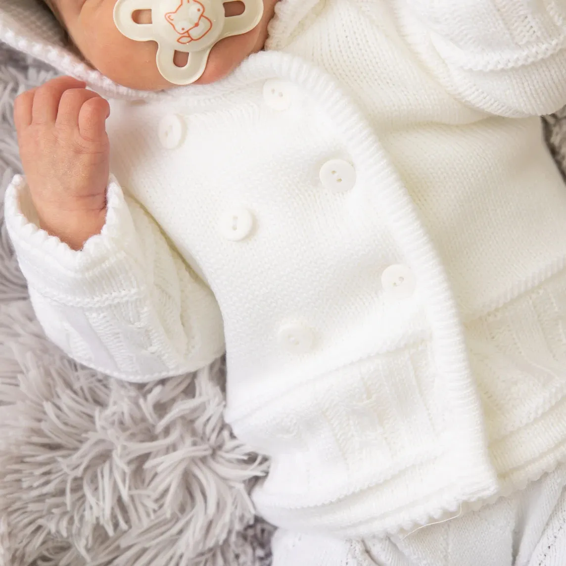 Unisex White Knitted Baby Jacket