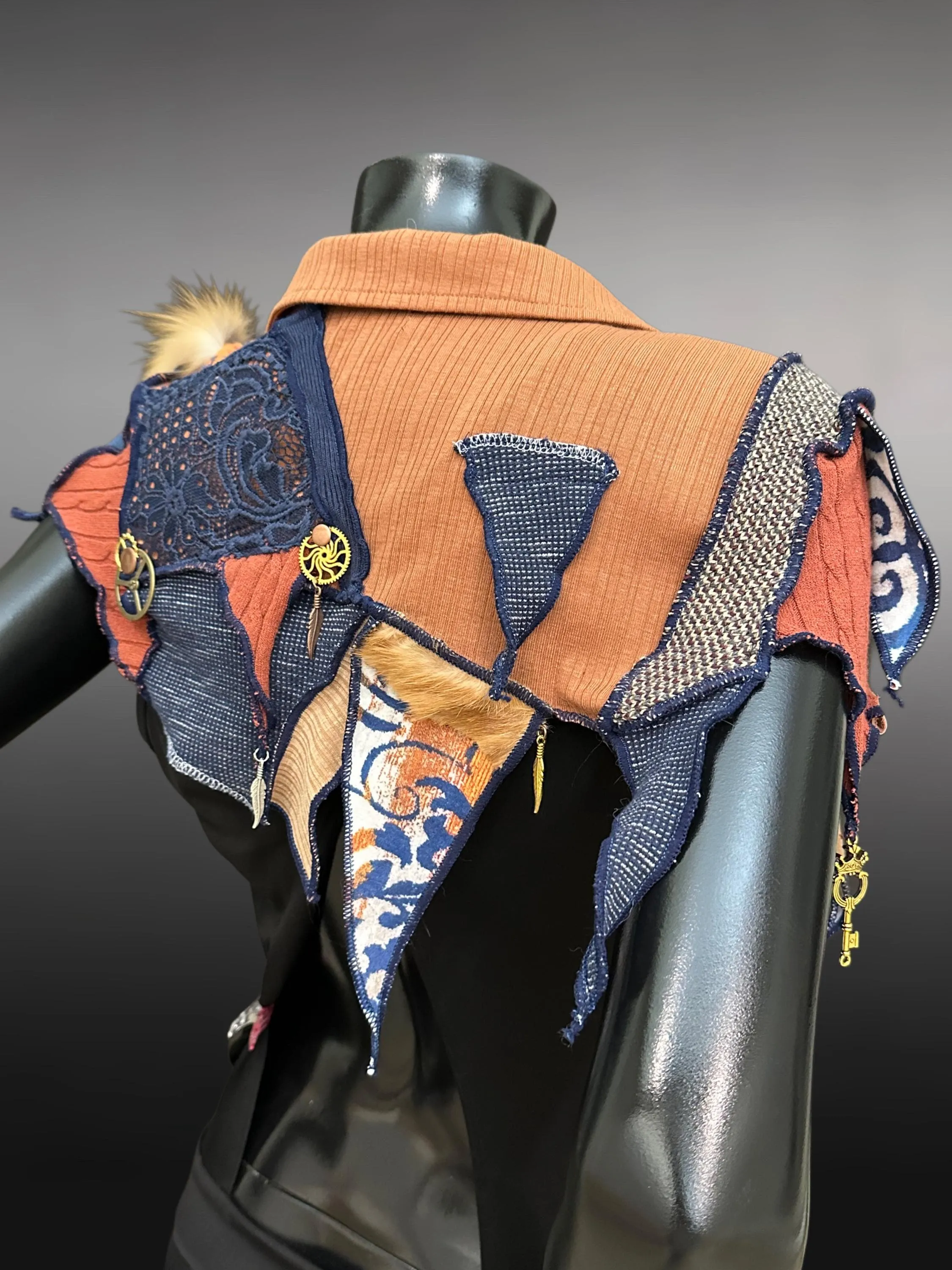 Upcycled couture capulet shoulder cover in blue rust, boho hippie art cowl, fantasy refashion clothing