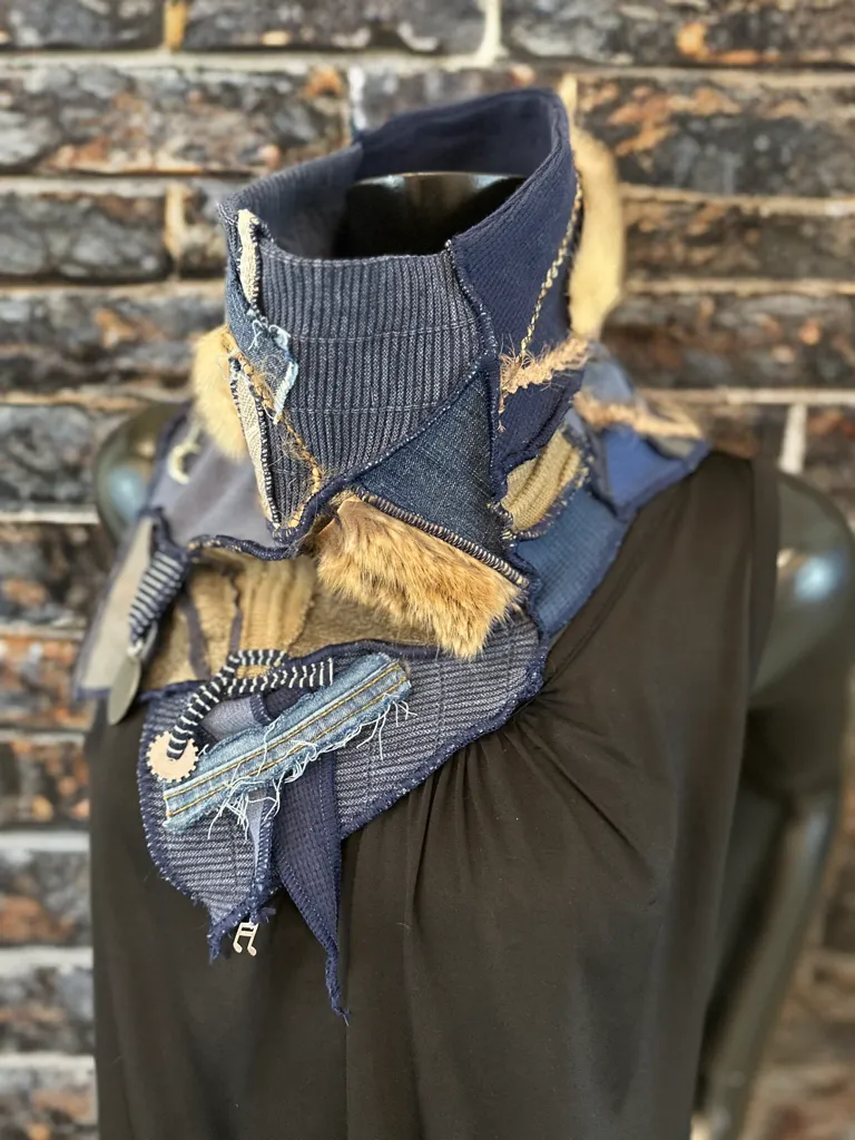 Upcycled couture neck cowl scarf in navy olive jean, boho eco-friendly scarves