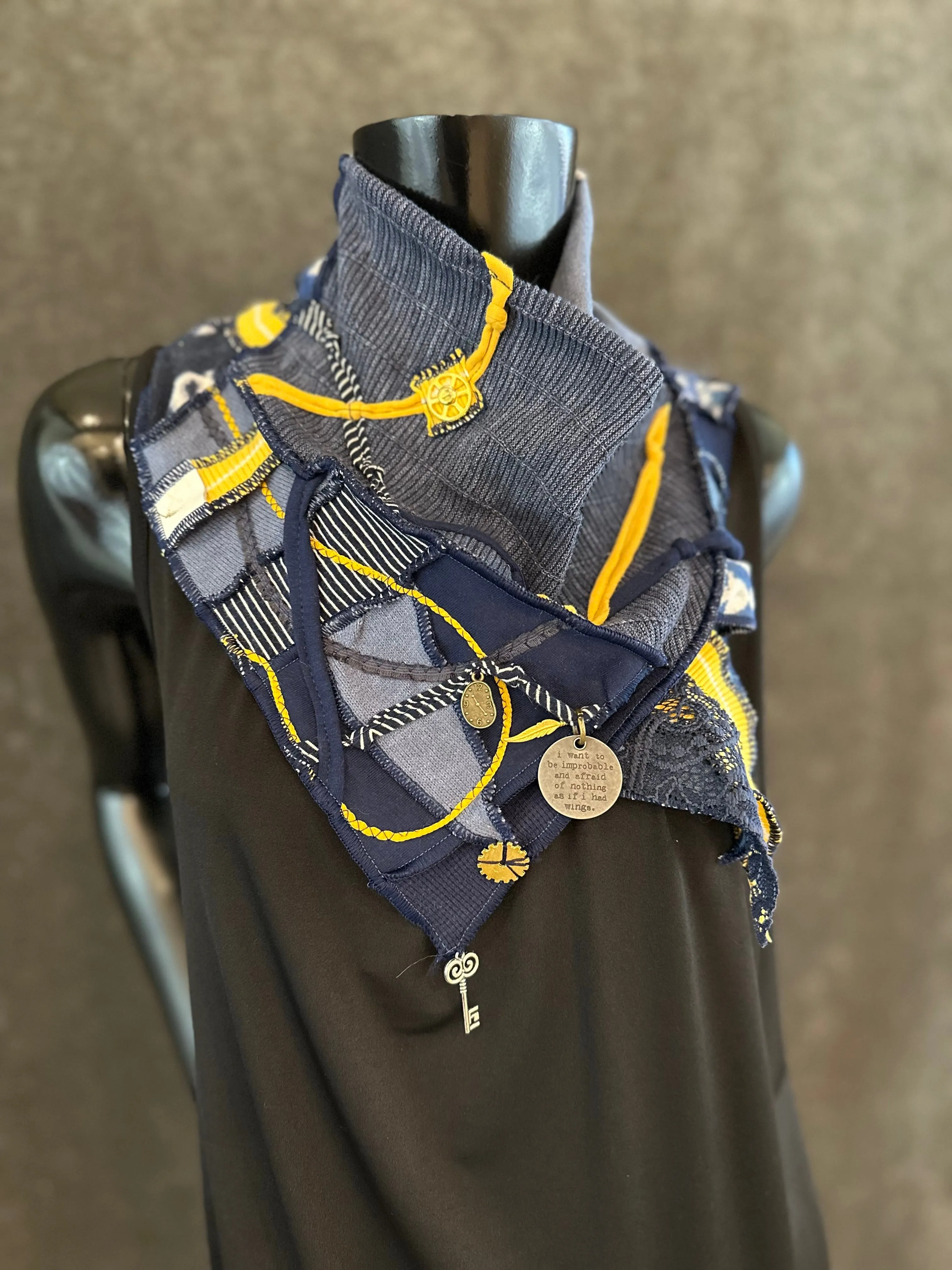 Upcycled couture neck cowl scarf in navy yellow jean boho hippie eco-friendly scarves, fabric neckwarmer