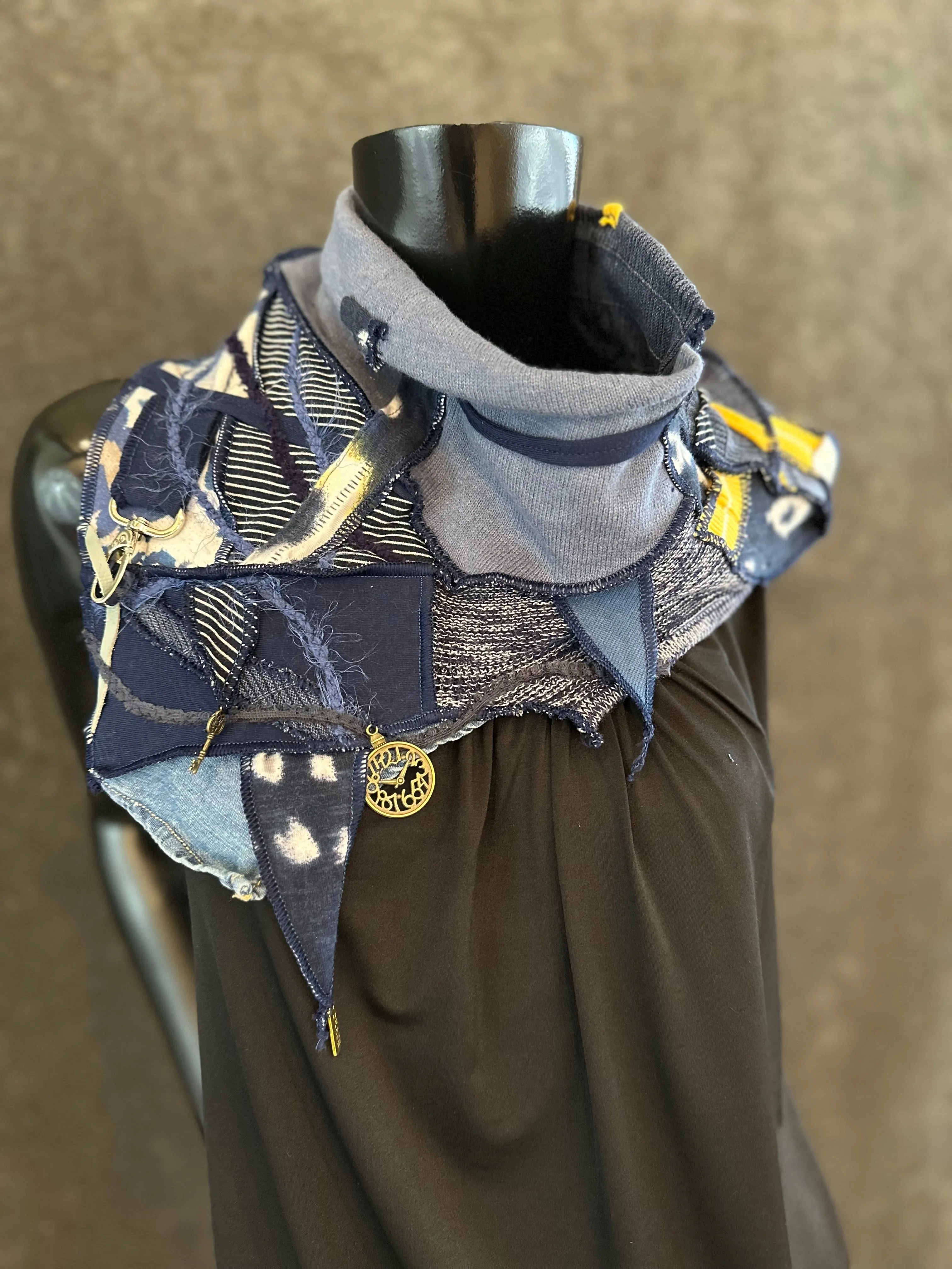 Upcycled couture neck cowl scarf in navy yellow jean boho hippie eco-friendly scarves, fabric neckwarmer