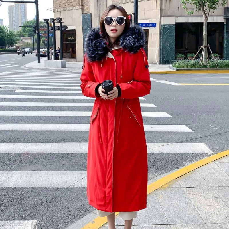 Urban Fashion Womens Winter Down Jacket Medium Length Thickened Warm Women's Parka Coat Hooded Fur Collar Detachable Cotton Padded Jacket