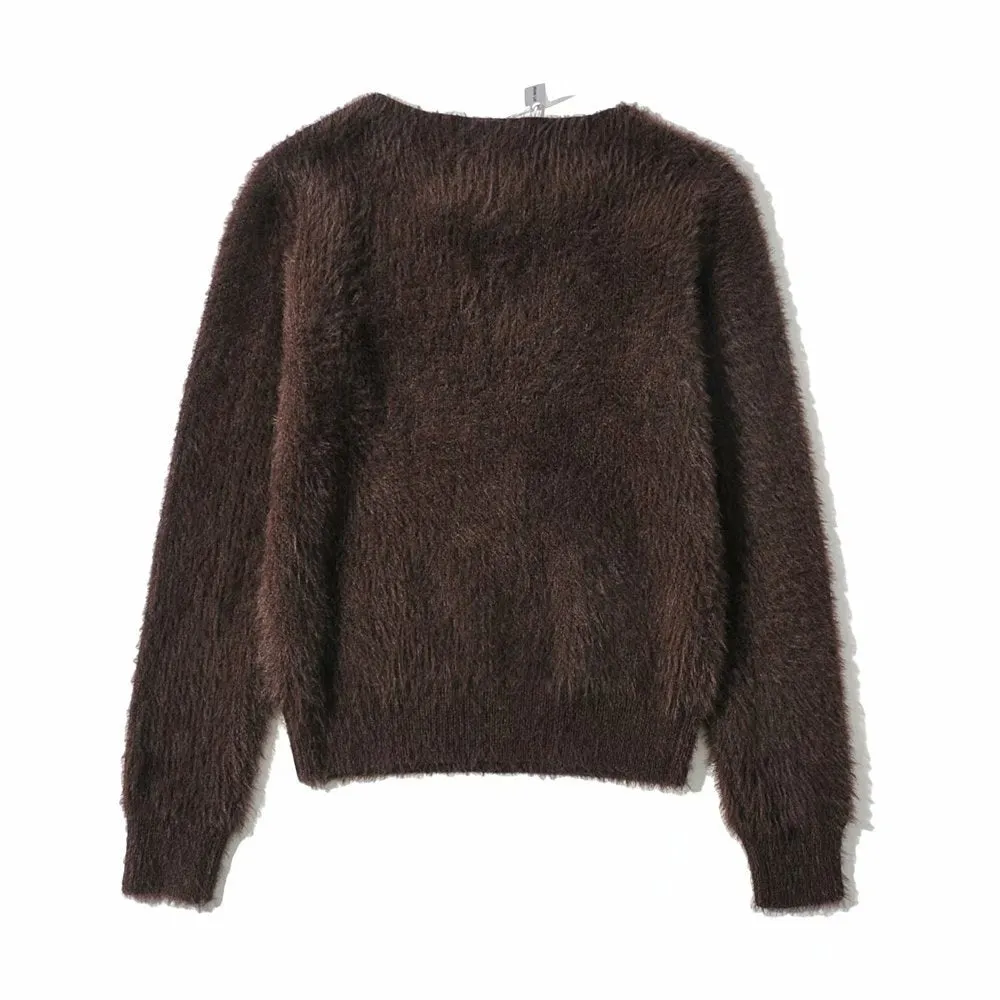 V-ncek Knit Furry Shirts Sweaters Blouses