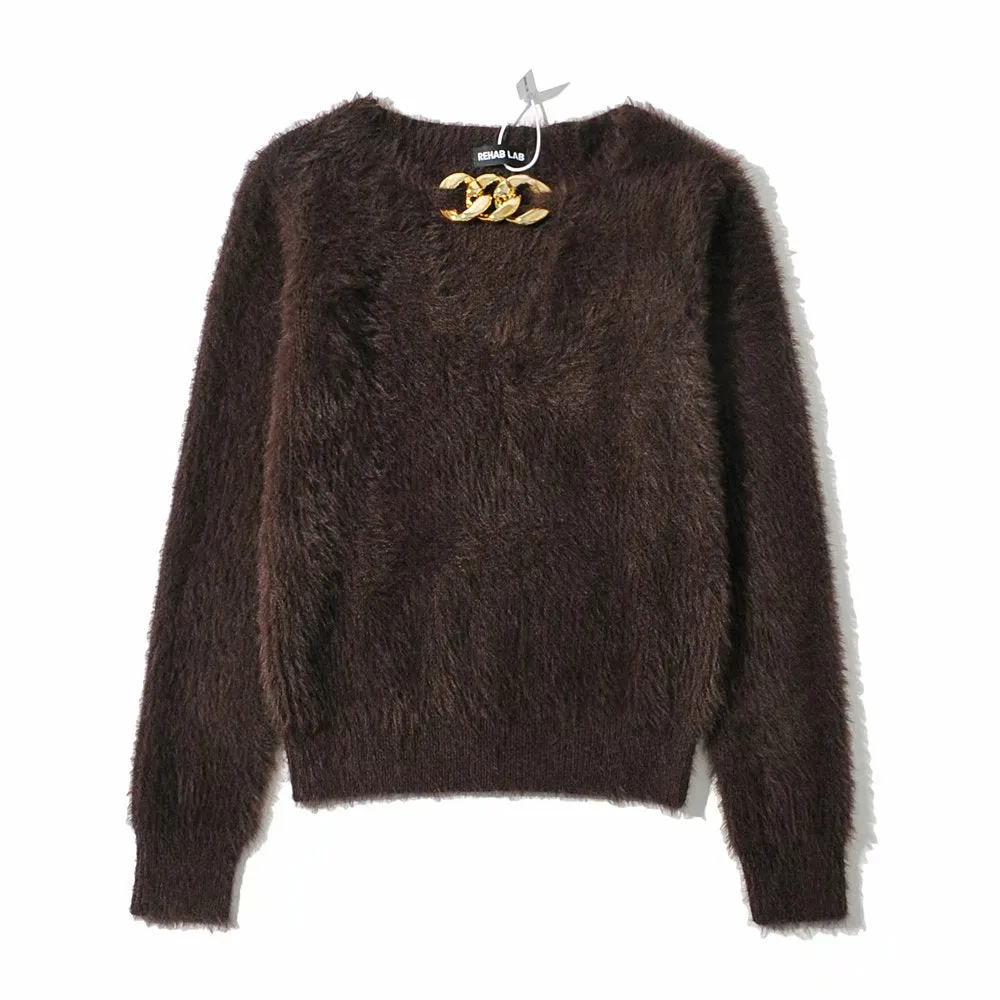 V-ncek Knit Furry Shirts Sweaters Blouses
