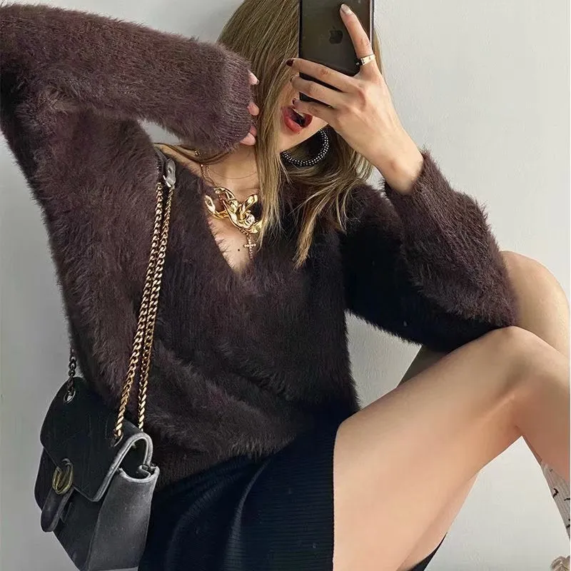 V-ncek Knit Furry Shirts Sweaters Blouses