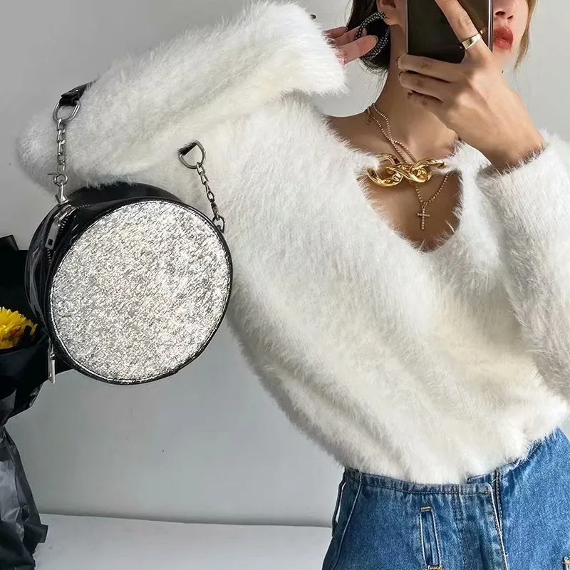 V-ncek Knit Furry Shirts Sweaters Blouses