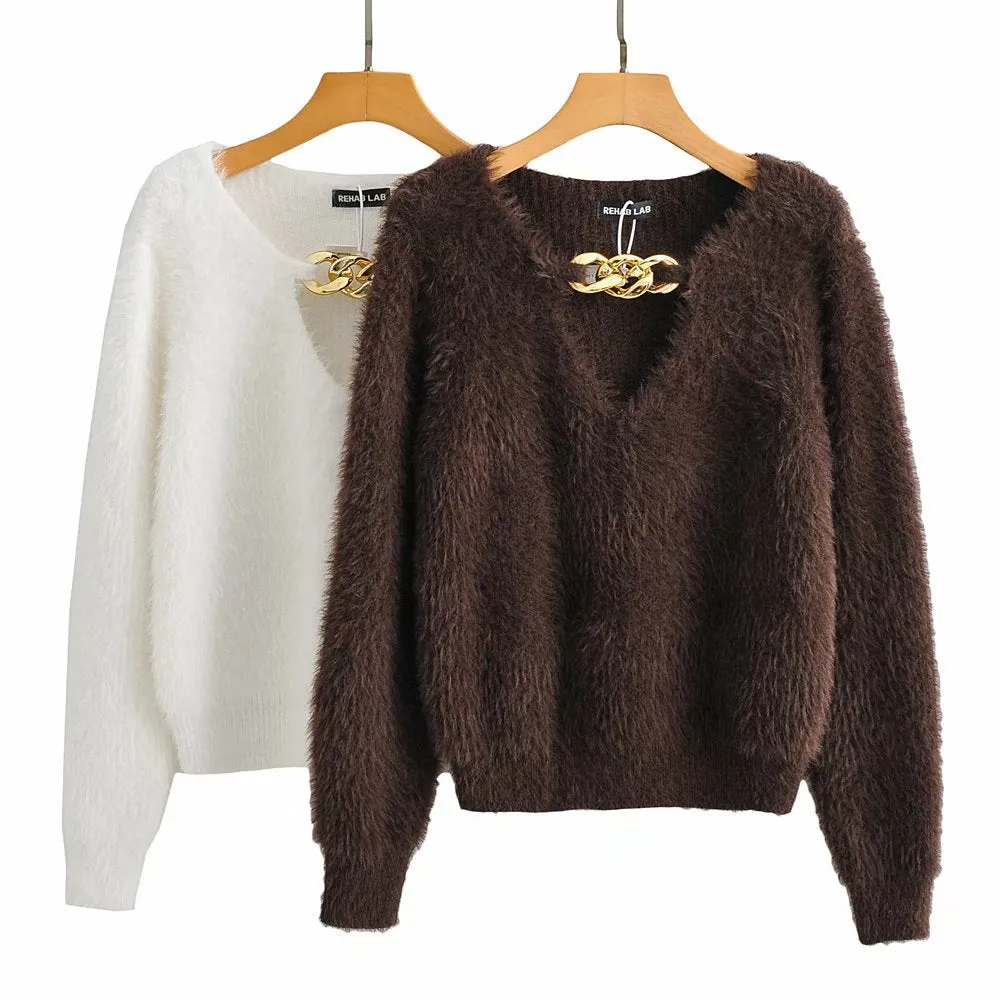 V-ncek Knit Furry Shirts Sweaters Blouses