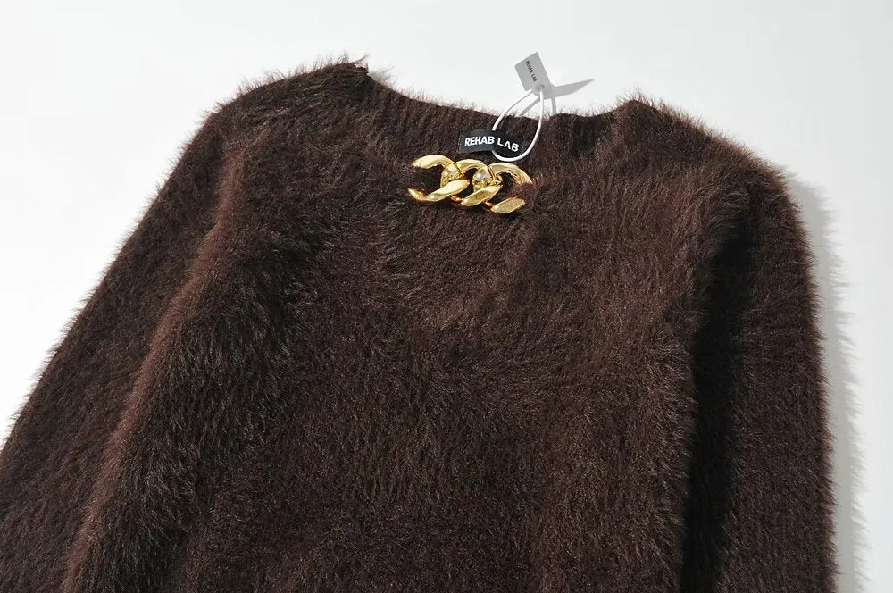 V-ncek Knit Furry Shirts Sweaters Blouses