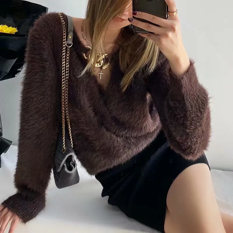 V-ncek Knit Furry Shirts Sweaters Blouses