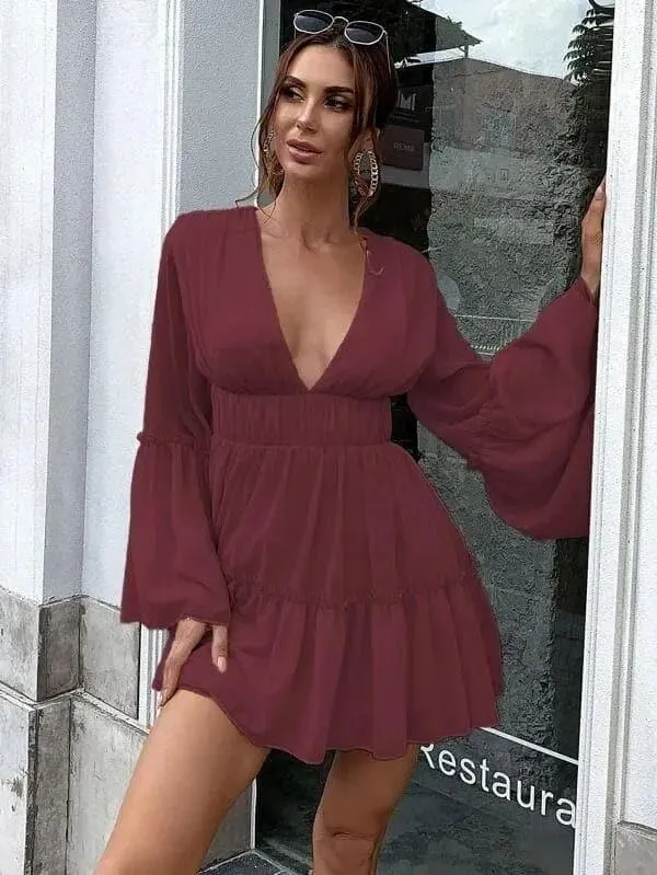 V-neck Ruffle Hem Vacation Dress M0206
