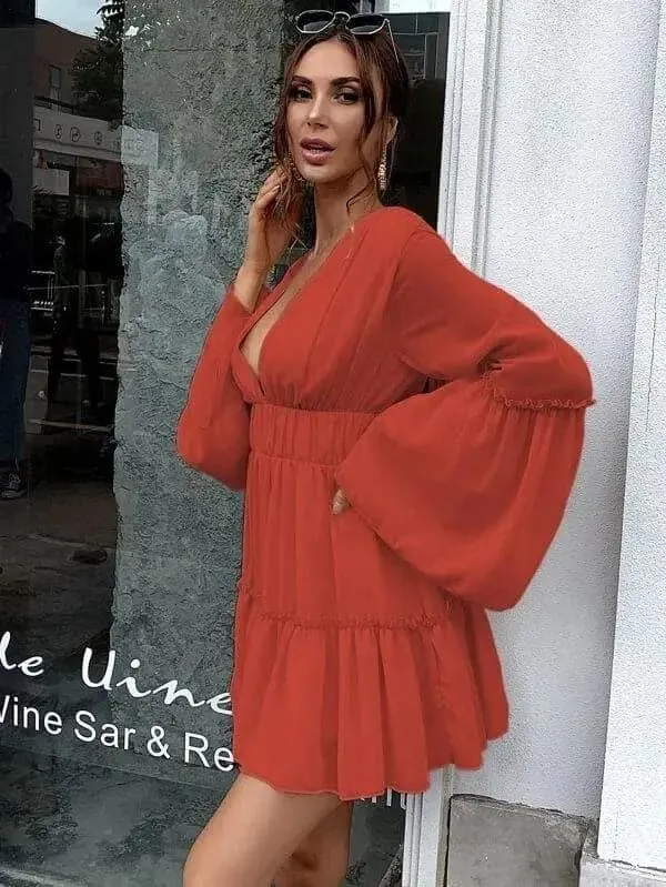 V-neck Ruffle Hem Vacation Dress M0206