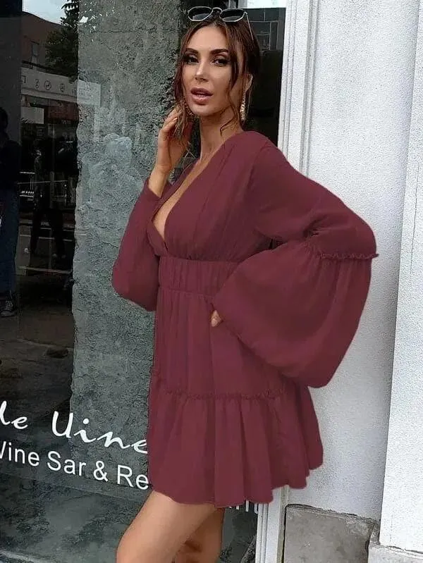 V-neck Ruffle Hem Vacation Dress M0206
