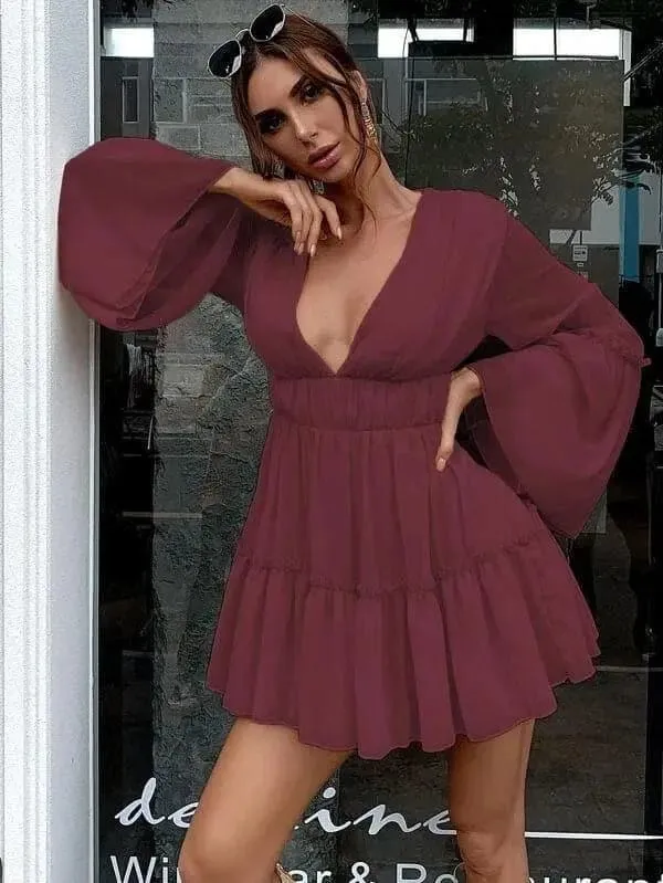 V-neck Ruffle Hem Vacation Dress M0206