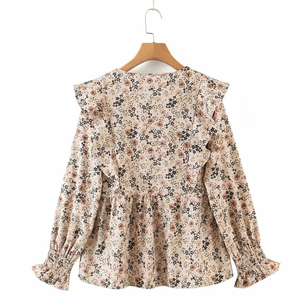 V-neck Ruffled Single-breasted Floral Blouses Shirts